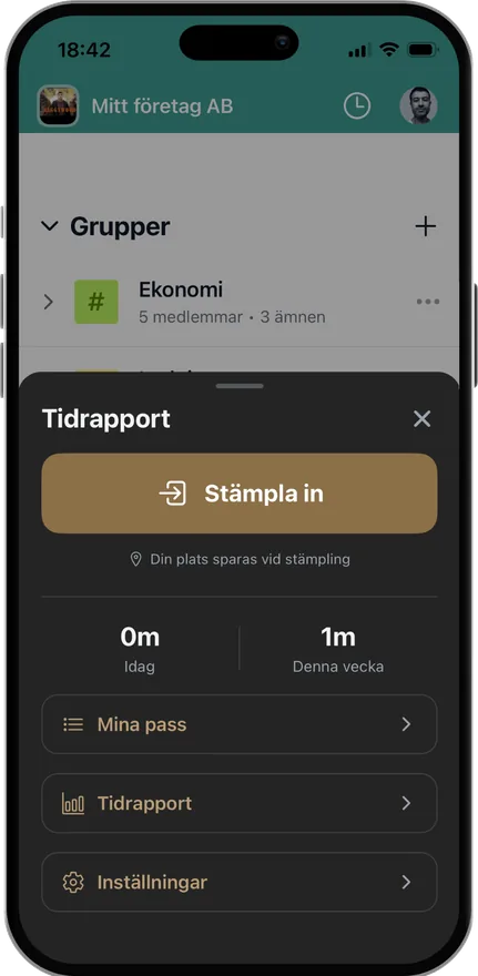 Tidrapporten med knappen Stämpla in